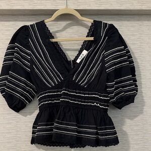 Sea New York Black Lace-Trim Puff Sleeve Peplum Top